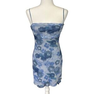 See You Monday Floral Blue Spaghetti Strap Sleeveless Mini Dress Size Small